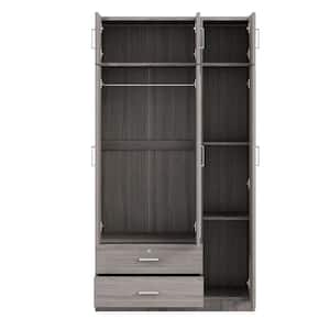 Gray 41.3 in. 3-Door Wooden Wardrobe Armoire with Mirror, 2-Drawers, Shelves, a Hanging Rod, Top Cabinet