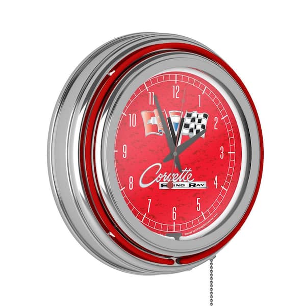 Trademark Global 14 in. Corvette C2 Red Chrome Double Ring Neon Wall Clock