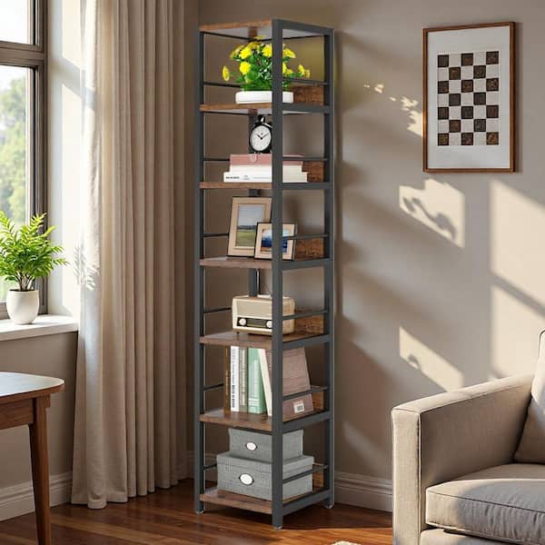 75 in. Tall Brown Engineered Wood 6-Shelf Etagere Bookcase, Corner Bookshelf Narrow Storage Rack for Small Space