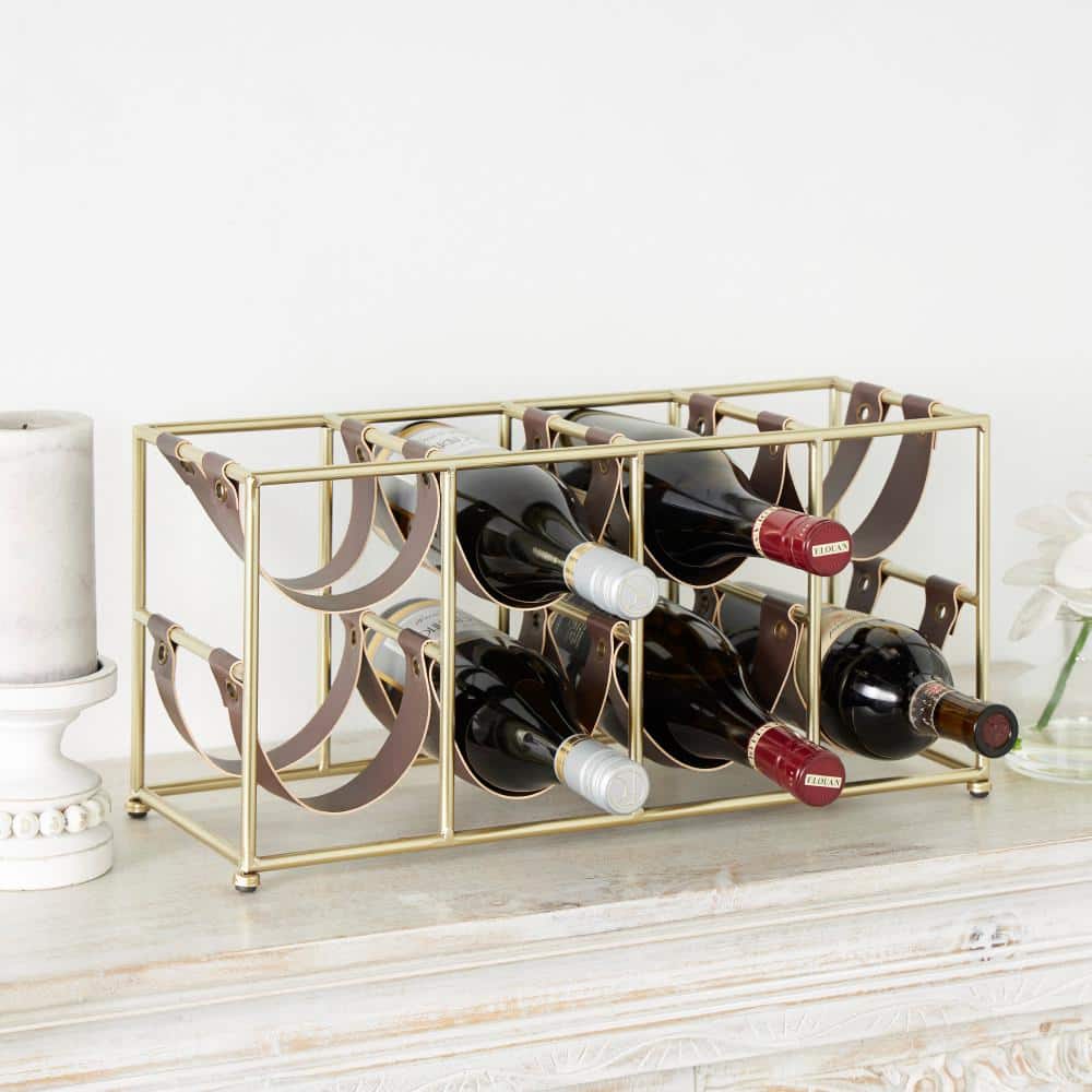 Litton Lane 8 Bottle Gold Wine Rack with Faux Leather Holding Straps
