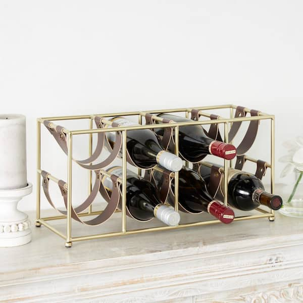 Litton Lane 8- Bottle Gold Wine Rack with Faux Leather Holding Straps