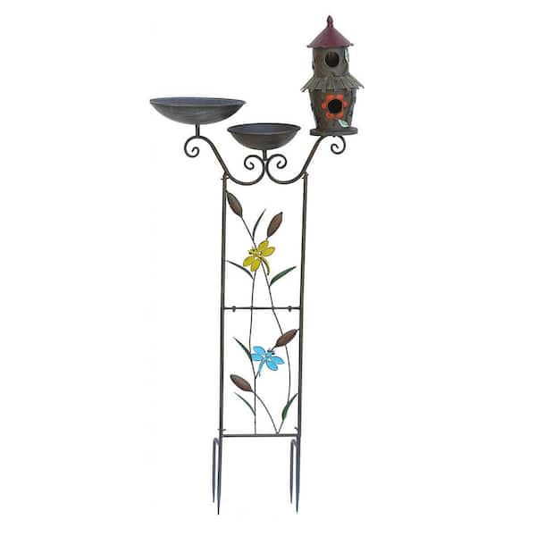 9.84 in. Dia Metal Bird Bath with Trellis, Bird Feeder, Garden Plant Support-Multi-colored