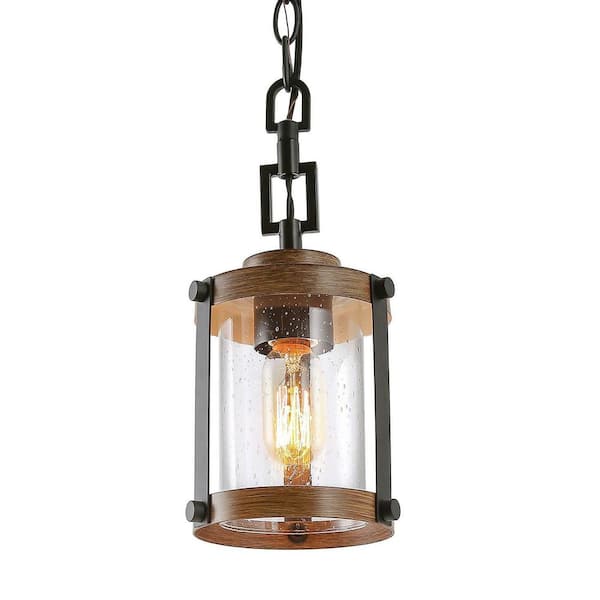 Modern Farmhouse Brown Chandelier 1-Light 6 in. Black Drum Mini Island Pendant Light with Seeded Glass Shades