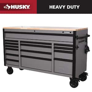 Heavy Duty 61 in. W x 22 in. D 15-Drawer Matte Gray Mobile Workbench Cabinet with Solid Wood Top