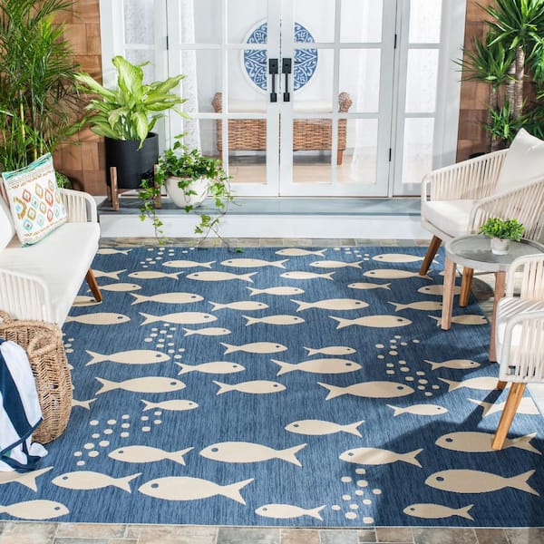 Courtyard Blue/Beige 10 ft. x 14 ft. Novelty Fish Indoor/Outdoor Area Rug