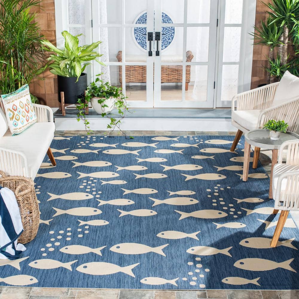 Courtyard Navy/Beige 9 ft. x 12 ft. Transitional Multi-Fish Solid Color Indoor/Outdoor Area Rug - thumbnail 2