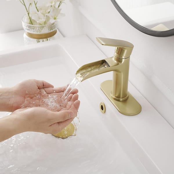 Waterfall Single Handle Single Hole Low-Arc Modern Bathroom Faucet Bathroom Drip-Free Vanity Sink Faucet in Brushed Gold