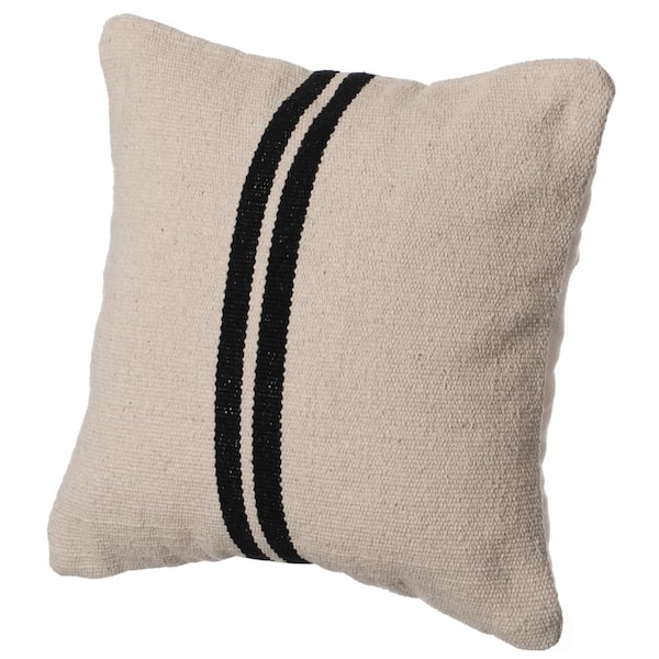 DEERLUX 16 in. x 16 in. Natural Handwoven Cotton Throw Pillow Cover with 2-Center Black Stripes with Filler