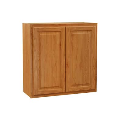 Hampton Bay Hampton 30 in. W x 12 in. D x 30 in. H Assembled Wall Kitchen Cabinet in Medium Oak