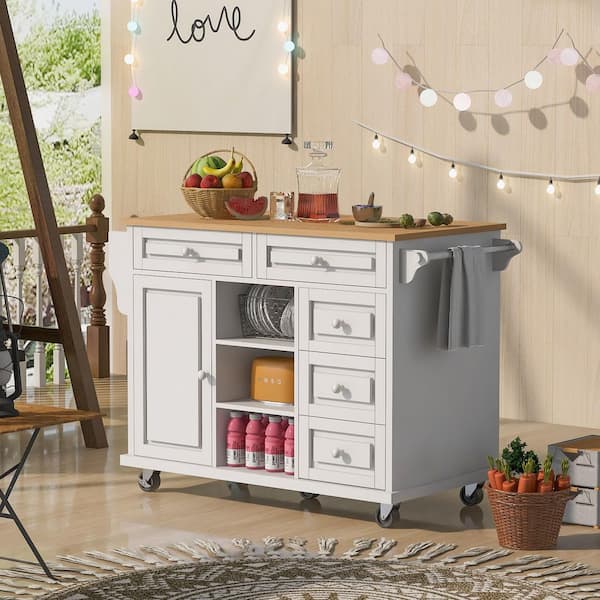Unbranded White Wood 53 in. Kitchen Island with Rubber Wood Desktop, Adjustable Shelves, Storage and 5-Drawers for Kitchen Room