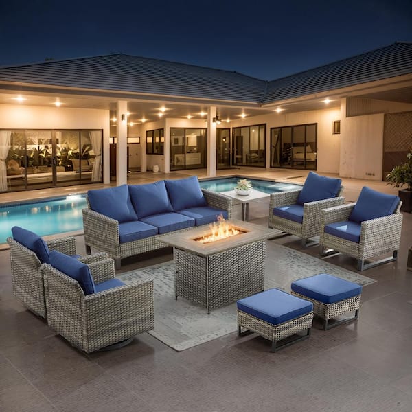 U-Weave 8-Piece Gray Wicker Outdoor Rectangular Fire Pit Conversation Set with Blue Cushions and Swivel Rocking Chairs