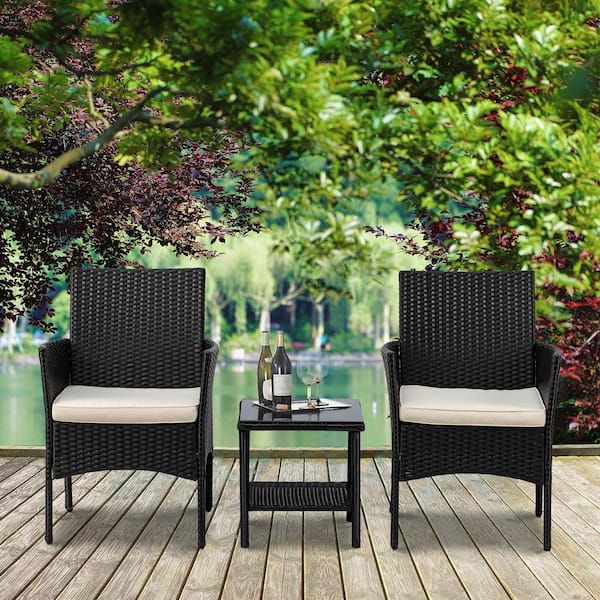 Freddy Black 3-Piece Wicker Patio Conversation Set with Beige Cushions