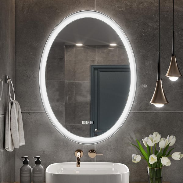 QueenFun Lindia 22 in. W x 30 in. H Oval Framed Anti-Fog Lighted Wall Mount Bathroom Vanity Mirror in White