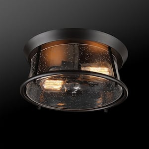 Donny 12.75 in. 2-Light Dark Bronze Flush Mount with Seeded Glass Shade, Light Bulbs Included