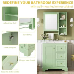 30 in. Retro Single Sink Freestanding Storage Bath Vanity in Green with White Ceramic Top and Mirror Medicine Cabinet