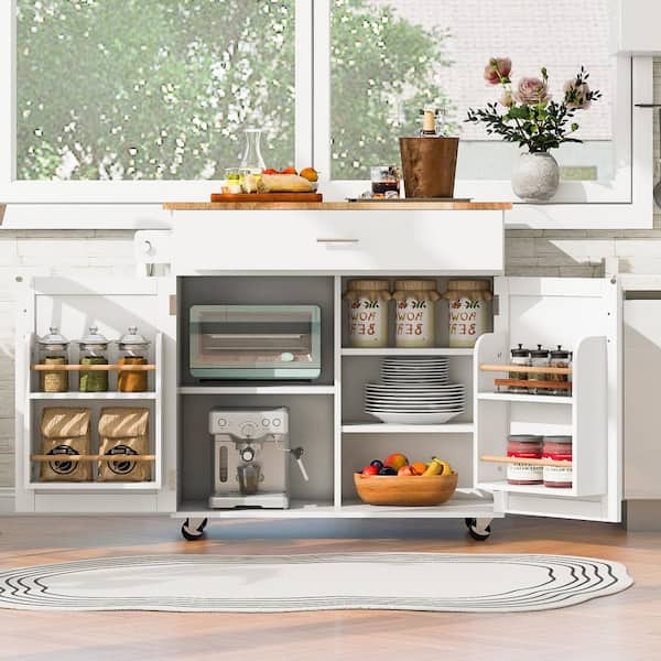 White Rubber Wood Kitchen Cart with Drop Leaf and Towel Rack