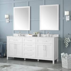 Tahoe 72 in. W Double Sink Vanity in White with Carrara Marble Vanity Top in White with White Basins and Mirrors