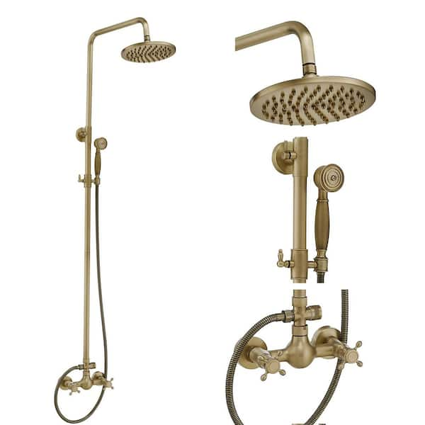 2-Spray Wall Slid Bar Round Rain Shower Faucet with Hand Shower 2 Cross Handles Mixer Shower System Taps in Antiqued