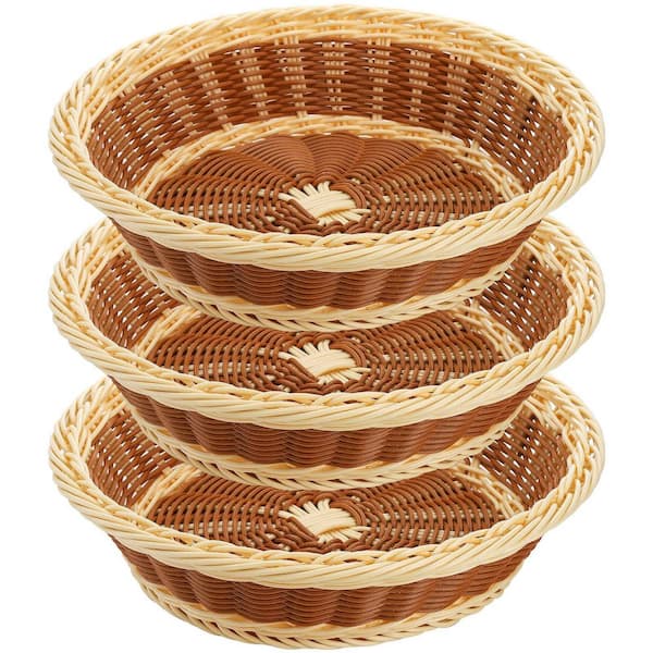 3 Pack 11.5 in. Woven Bread Baskets, Polypropylene Wicker Fruit Baskets for Kitchen, Restaurant in Brown and Beige