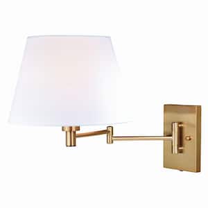 Chapeau Natural Brass Plug-In Cone Motion Sensor Swing Arm Wall Lamp White Linen Shade