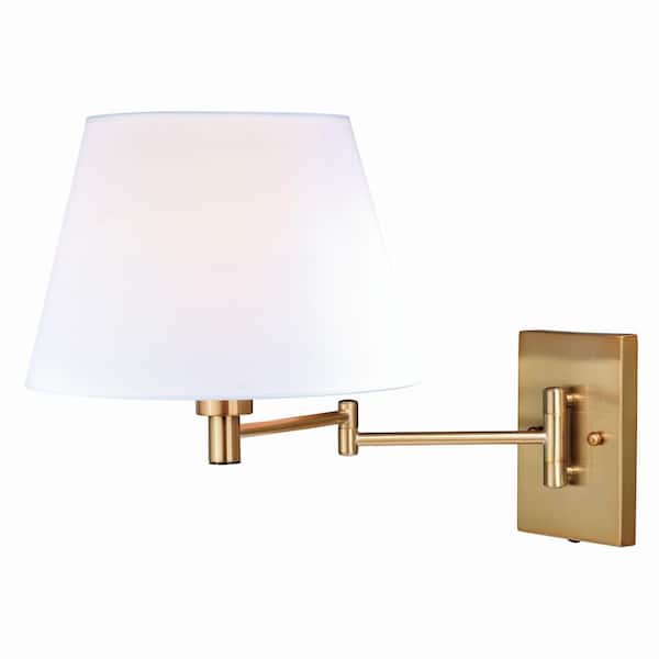 VAXCEL Chapeau Natural Brass Plug-In Cone Motion Sensor Swing Arm Wall Lamp White Linen Shade