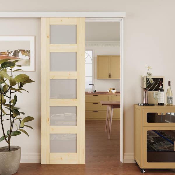 ARK DESIGN 24 in. x 80 in. Hidden Track Style 5-Lite Frosted Glass Unfinished Glass Sliding Barn Door with Hardware Kit