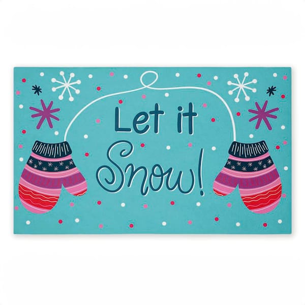 Winter Mittens Let It Snow Green 18 in. x 30 in. Polyester Non-Slip Outdoor Door Mat