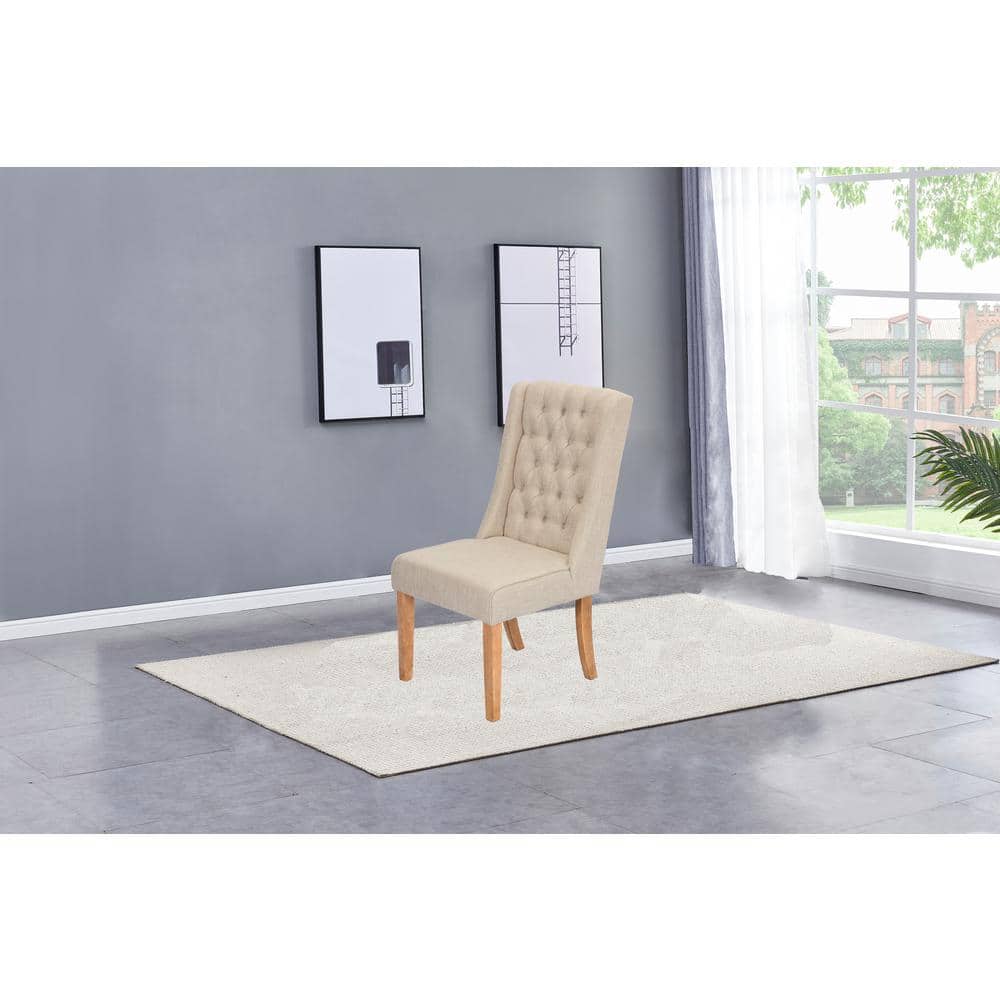 Beige Linen Upholstered Tufted Side Chair with Wood Legs