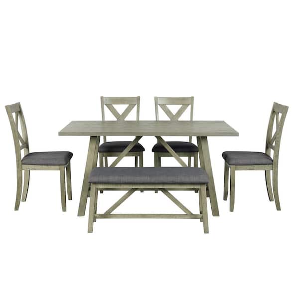 LUCKY ONE Egor Rustic Style 6-Piece Dining Set Rectangle MDF Top Table and Gray Fabric Upholstered Chairs