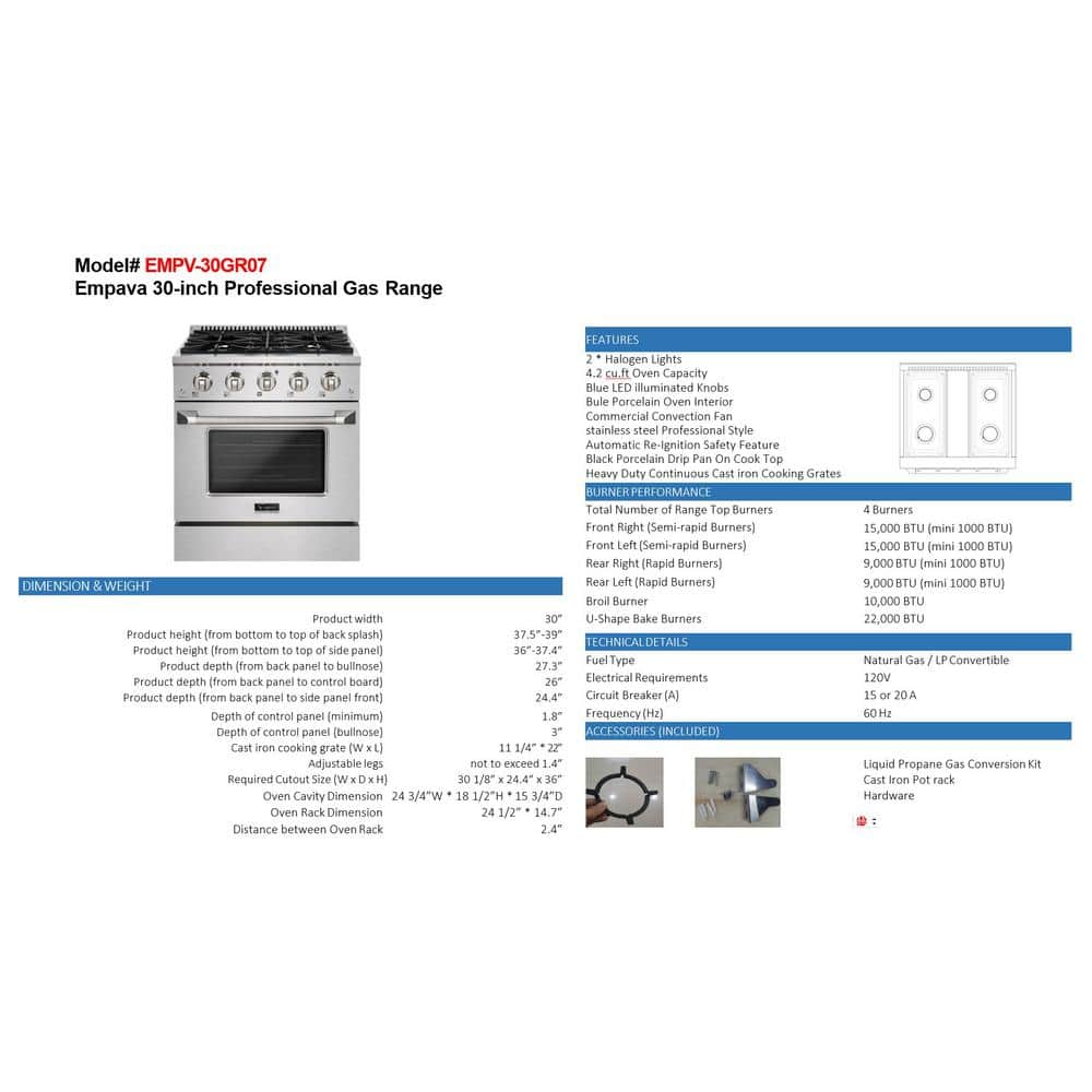 Empava 30" Stainless Steel Convection Gas Range with 5 Burners