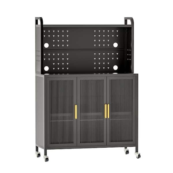 COWLOWN 39.4 in. W x 15.7 in. D x 56.2 in. H Gray Linen Cabinet with Microwave Stand, Transparent Flap Door