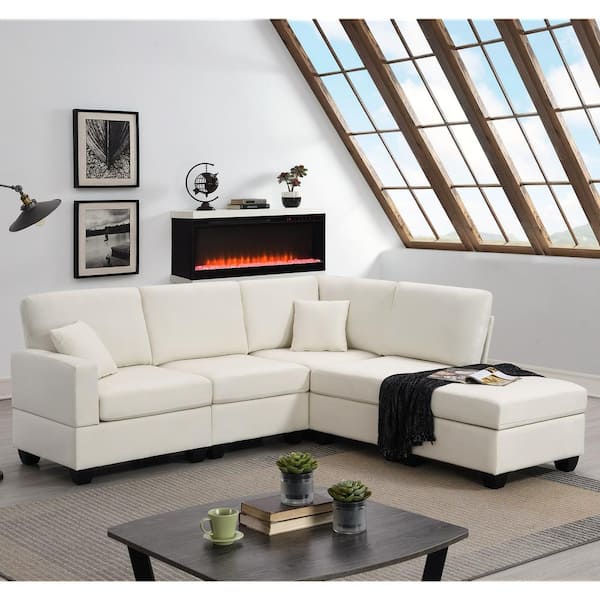 sumyeg 89.8 in. L-Shaped Linen Sectional Sofa in. Beige with Convertible Ottoman and 2 Pillows