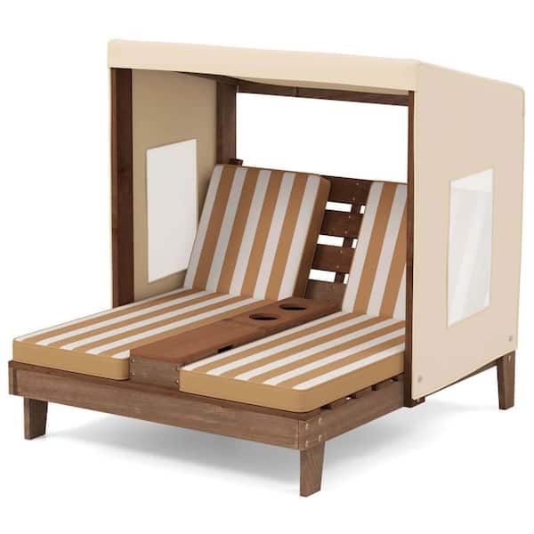 Costway Wood Outdoor Kids Double Chaise Lounge Cup Holders & Awning with Brown Cushions