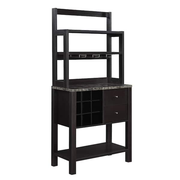 Convenience Concepts Newport Black Faux Marble/Espresso Wine Storage Bar with wine rack and shelves