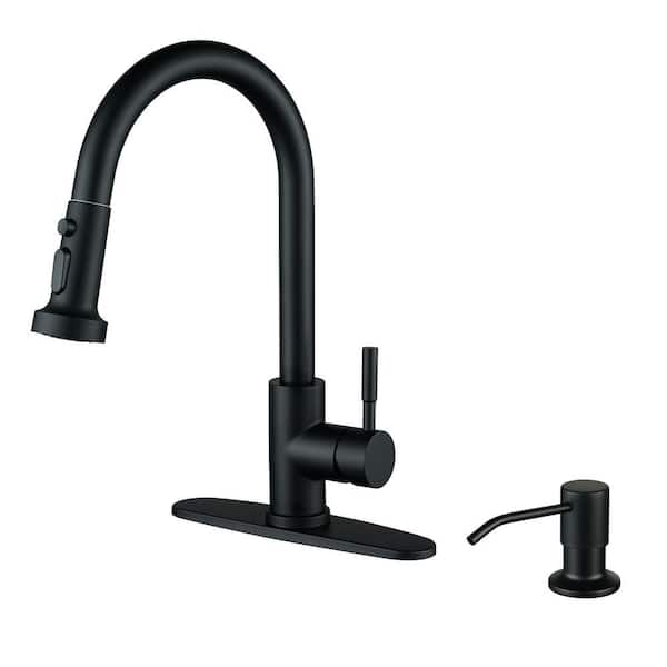 Single Handle Pull Down Sprayer Kitchen Faucet with 3-Modes Advanced Spray and Soap Dispenser in Matte Black