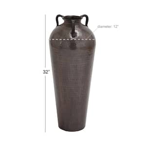 32 in. Brown Tall Floor Mediterranean Style Metal Decorative Vase with Hammered Details and Handles