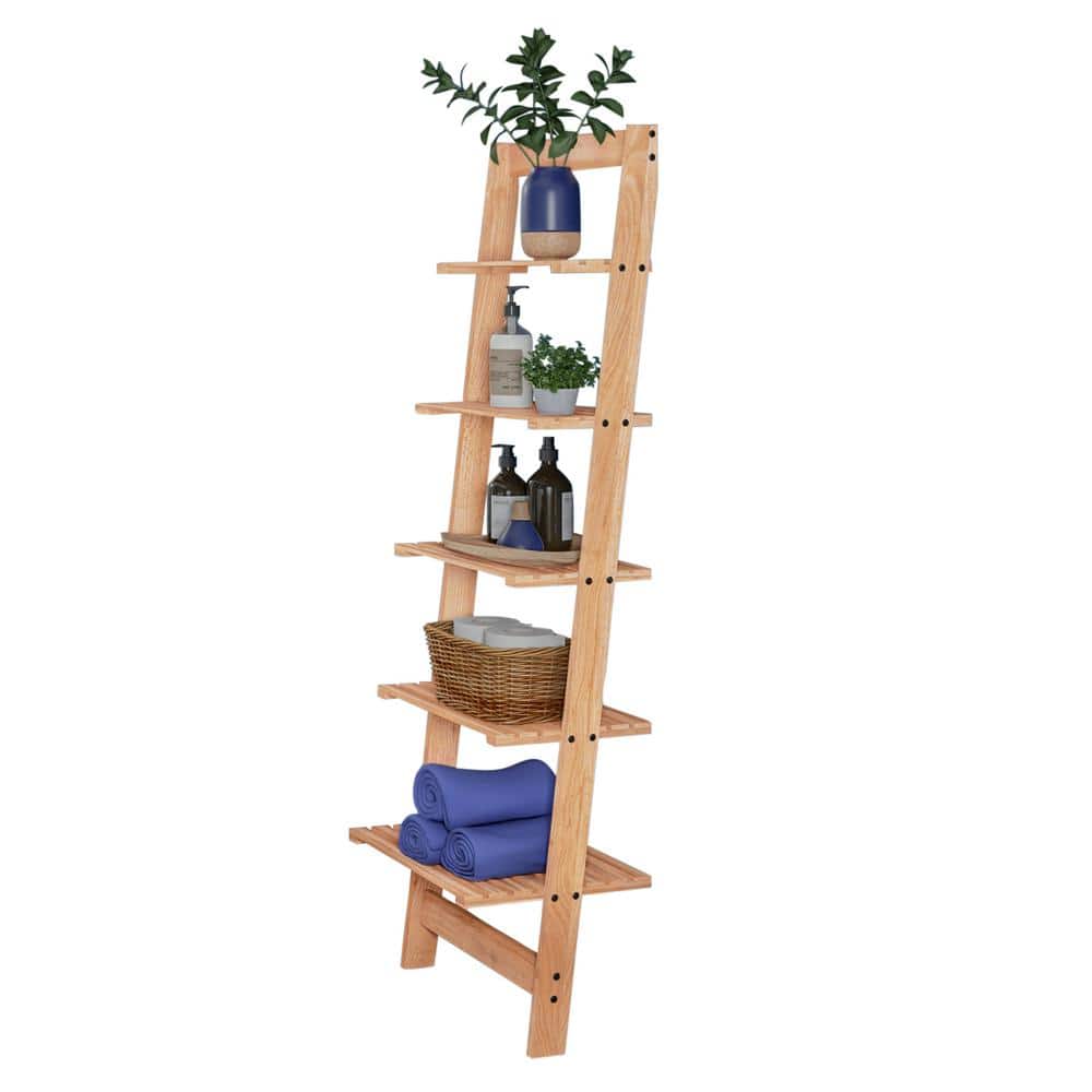 Oak 5-Tier Leaning Ladder Bookshelf for Home Decor
