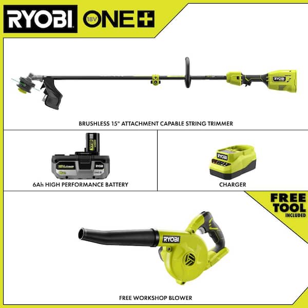 ONE+ HP 18V Brushless 15" Attachment Capable String Trimmer w/ 6.0 Ah Battery, Charger, & FREE ONE+ 18V Compact Blower