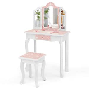 2-Piece MDF Top Pink Kids Vanity Set Toddler Makeup Table and Stool with Tri-folding Mirror Drawer