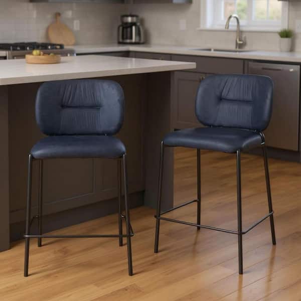 36.20 in. H Blue, Black Counter Height Metal Bar Stool with Upholstered Seat Set of 2