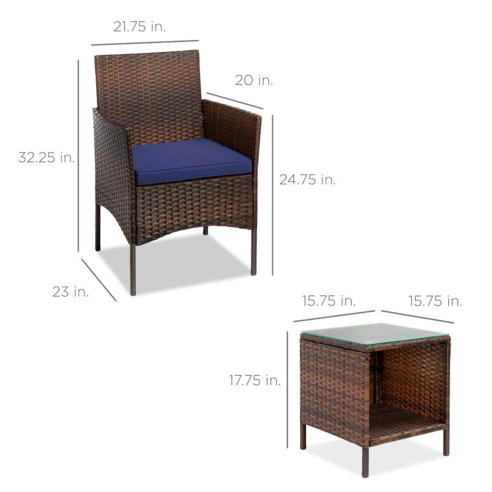 Brown and Navy 3-Piece Outdoor Wicker Patio Bistro Set