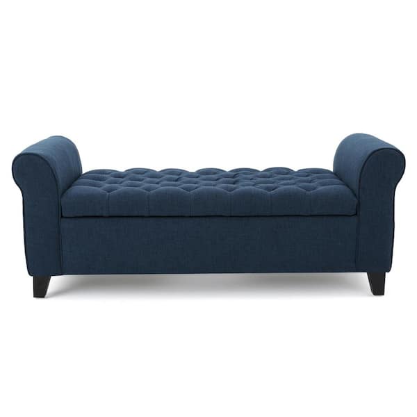 Noble House Keiko Tufted Dark Blue Fabric Armed Storage Bench