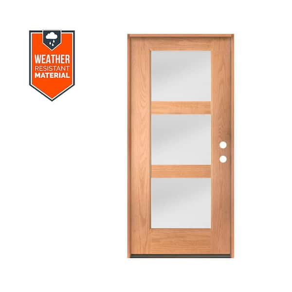 BRIGHTON Modern 36 in. x 79 in. 3-Lite Left-Hand/Inswing Satin Etched Glass Teak Stain Fiberglass Prehung Front Door