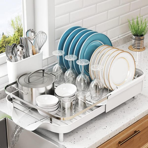 White Stainless Steel Dish Drying Rack, Expandable Dish Rack with Drainboard Set and Utensil Holder
