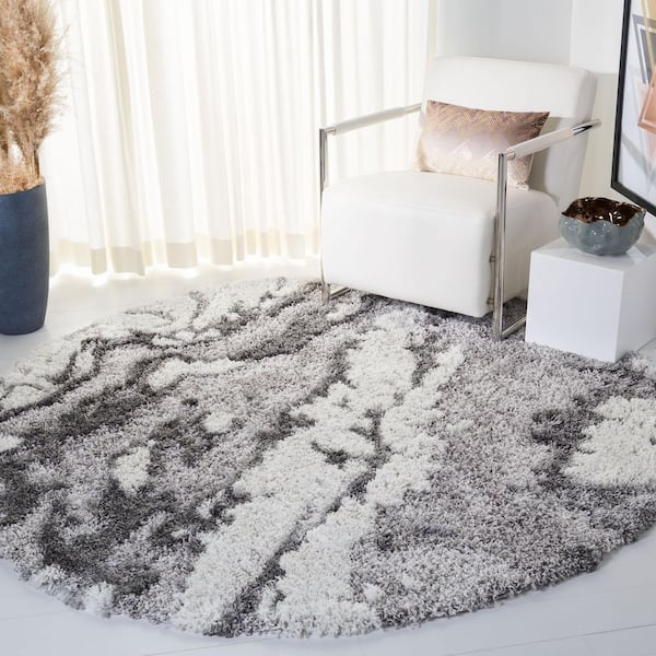 Horizon Shag 9 ft. x 9 ft. Gray/Ivory Abstract Marble Round Area Rug