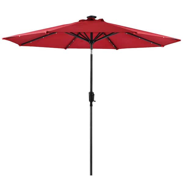 Sun-Ray 9 ft. Round Solar Lighted Market Umbrella- Scarlet