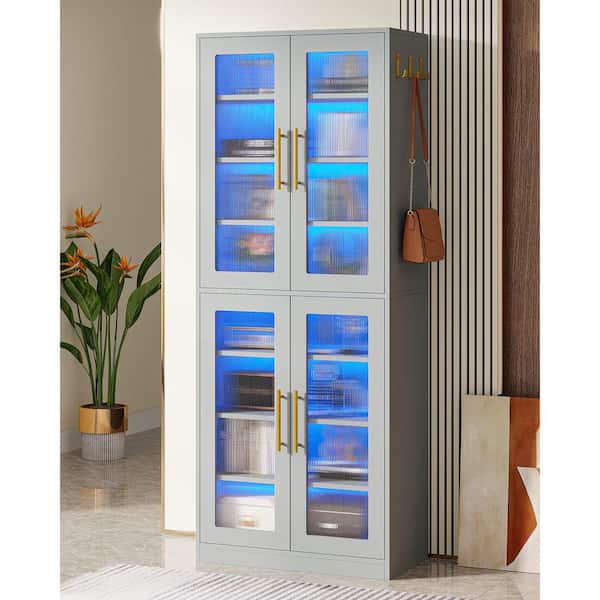 Gray 24.8 in. W Display Cabinet with Doors and LED Lights, Tall Storage Cabinet for Living Room