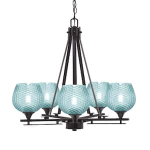 Ontario 23.25 in. 5-Light Dark Granite Geometric Chandelier for Dinning Room with Turquoise Shades No Bulbs Included