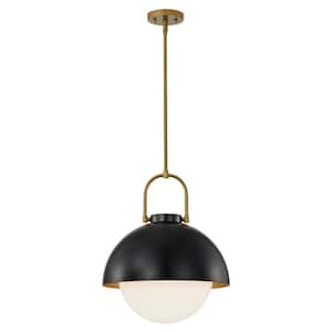 1-Light Matte Black and Gold Metal Modern Pendant Light Fixture with Opal Glass Shade for Dining Room or Kitchen Island