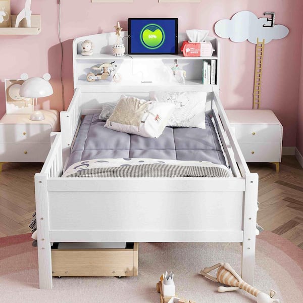 White Wood Frame Twin Platform Bed with Built-in LED Light, Multi-functional Headboard, Guardrail and 2 Drawers